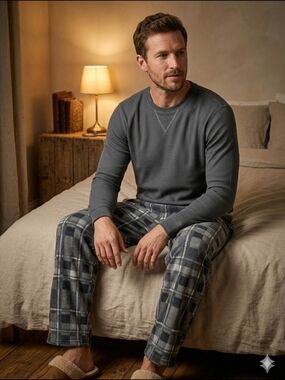 Nevada Men’s 2-Piece Pajama Set - Gray Waffle Knit Top & Plaid Fleece Pants - L